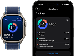 Apple Watch Ultra 3, titanium natural case, sleep score screen, breakdown in circle graph, score in center, band, blue Trail Loop