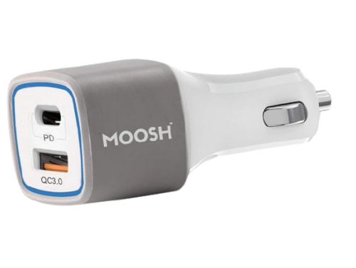 Moosh Car Charger Smart Power Type C PD 18W & Quick Charger QC 3.0 Dual USB Port Car Charger/Adapter with LED (White)
