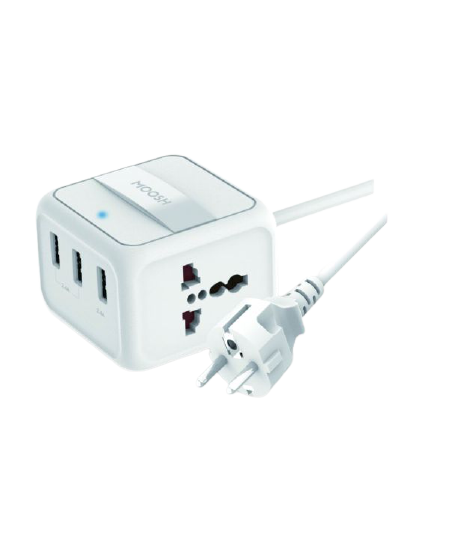 Moosh USB Charger Multi Port Desktop Charging Station 24W Cube with Dual Universal Power Socket for US, EU, UK Plug Plus 3 USB Ports 4.8A Home Charger 1.8M (6Ft) Cable India Pin Smart Charger (White)