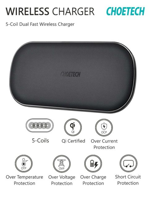 Choetech 5-Coil Dual Fast Wireless Charger Qi Certified For iPhones & Airpods 2 Charging Simultaneously Input Type C With Over Charging Protection Black