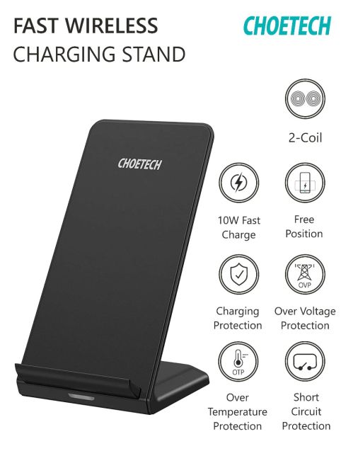 Choetech 2-Coil 10W Fast Wireless Charging Stand Free Position Charging for iPhones & AirPods 2 with Short Curcit Protection Black