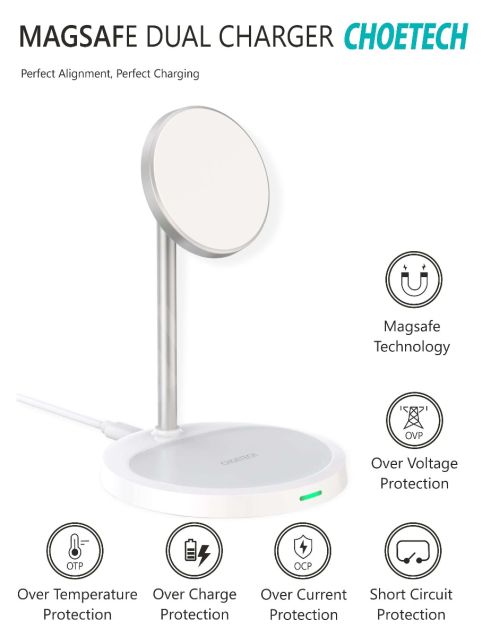 Choetech 2-in-1 Magnetic Wireless Charging Stand for Magsafe Compatible for iPhone 12 Series Simultaneously Charge 2 Devices with Certified Security White