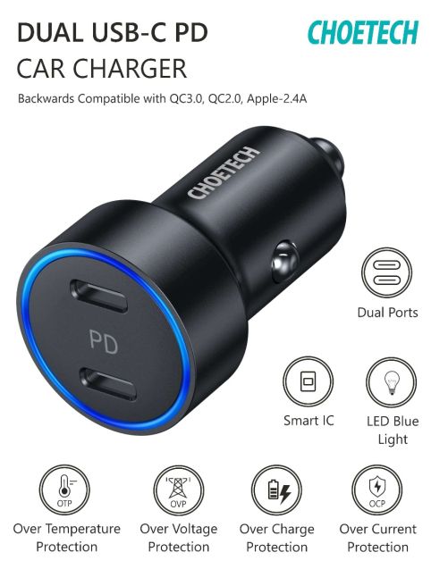 Choetech PD 36W Power Delivery Dual USB C Fast Charging Car Charger with Smart IC Compact Size Black